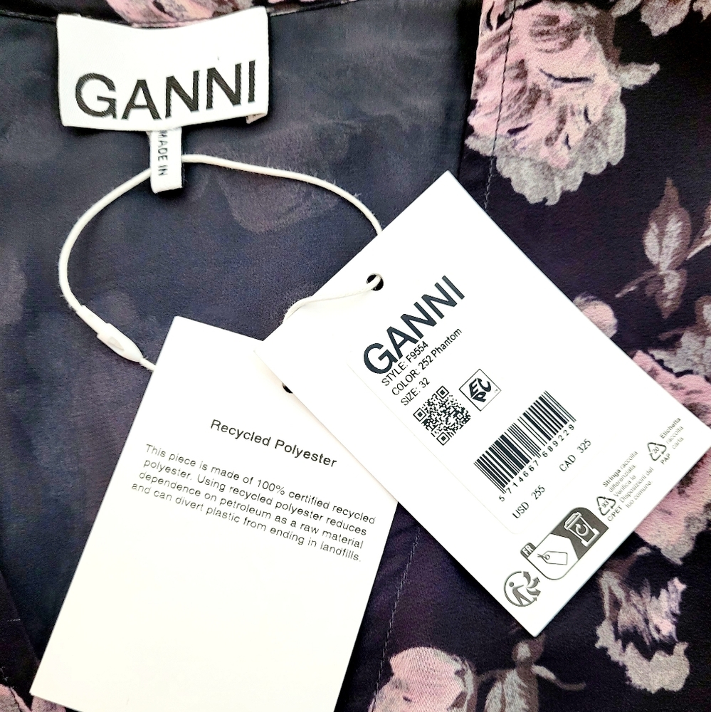 NWT GANNI Pleated Georgette V Neck Flounce Mini Dress In Phantom Floral Size 0 - Picture 9 of 14